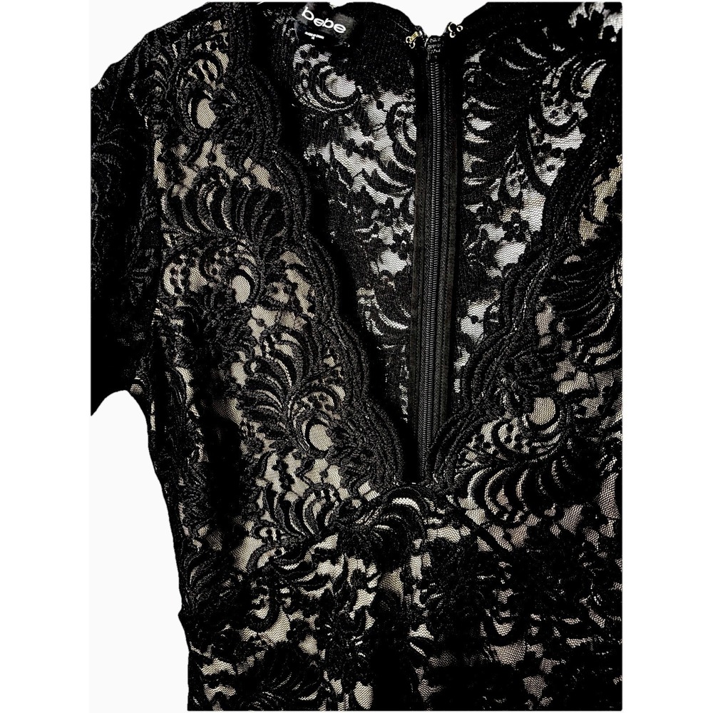 Y2K Bebe XL Blk ivory lace overlay deep vneck scallop top dress Evening Siren - Picture 10 of 13